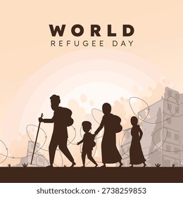 The central focus of the image is a line of seven individuals—men, women, and children—walking together in a determined yet weary procession. Each character is depicted with a backpack, symbolizing the few belongings they managed to save. The group includes a father figure leading with a staff, mothers holding their children's hands, and young ones following closely, highlighting how conflict affects entire families across generations. At the bottom, the text "WORLD REFUGEE DAY" is presented in a bold, clear sans-serif font, grounding the emotional imagery with a global call for awareness, empathy, and humanitarian support.