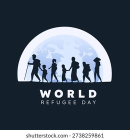 The central focus of the image is a line of seven individuals—men, women, and children—walking together in a determined yet weary procession. Each character is depicted with a backpack, symbolizing the few belongings they managed to save. The group includes a father figure leading with a staff, mothers holding their children's hands, and young ones following closely, highlighting how conflict affects entire families across generations. At the bottom, the text "WORLD REFUGEE DAY" is presented in a bold, clear sans-serif font, grounding the emotional imagery with a global call for awareness, empathy, and humanitarian support.