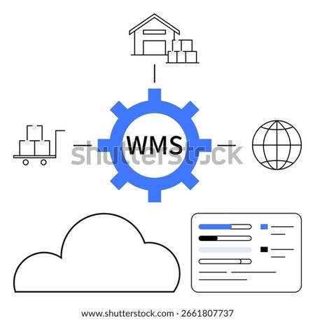 Central gear labeled WMS connected to warehouse, inventory chart, cloud, and globe. Ideal for warehouse management, inventory control, logistics, supply chain, cloud computing data analytics global
