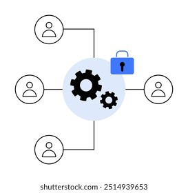 Central gears and lock, four user icons connected with lines. Ideal for teamwork, security, technology, data protection, collaboration.