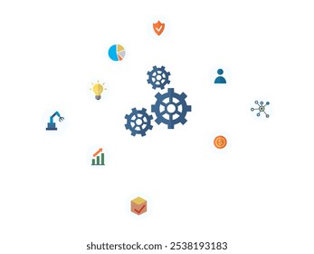 Central gears surrounded by business-related icons like pie chart, shield, graph, lightbulb, robot arm, and human figure. Ideal for business processes, technology, automation, innovation, and - Powered by Shutterstock - Get 15% off with code: PIKWIZARD15