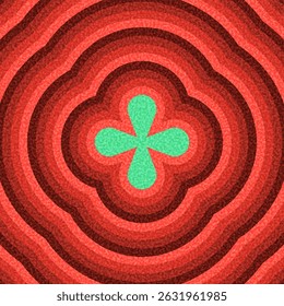 Central green petal-like symbol surrounded by red concentric ripple rings. Vector illustration with vibrant contrast.
