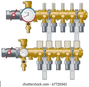 Central heating manifold, pipework and  gauges vector illustration