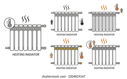 Central heating radiator battery, heat system in house room, metal home wall heater line icon set. Warmth convector. Warm tube for control air temperature apartment in winter. Thermal equipment vector