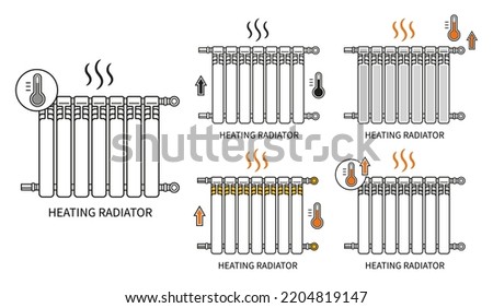 Central heating radiator battery, heat system in house room, metal home wall heater line icon set. Warmth convector. Warm tube for control air temperature apartment in winter. Thermal equipment vector