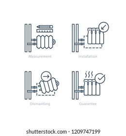 Central heating radiator replacement and installation services, home pipes, plumbing works, vector line icons set