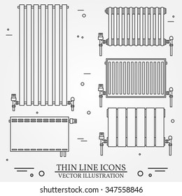 Central Heating Radiators Icons Thin Line For Web And Mobile, Modern Minimalistic Flat Design. Vector Dark Grey Icon On Light Grey Background.Set.