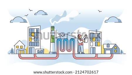 Central heating system for residential homes, outline concept vector illustration. Heat pipeline with service technician person. Heat supply maintenance, efficiency and energy consumption analysis.