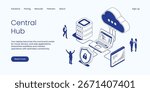 Central Hub, Laptop Command Center for Cloud, Servers and Web Applications with Streamlined Workflows and Seamless Connectivity. Technology Isometric 3d Line Vector Illustration.