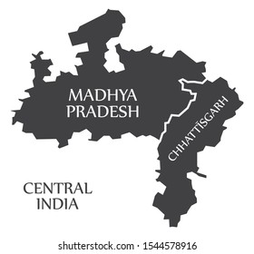 Central India region map labelled black illustration