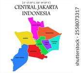 Central Jakarta illustration map vector with every district in color and white boundary lines, Indonesia