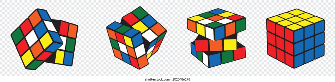 Central Java, INDONESIA. August 6, 2021.  rubik's cube isolated on transparent background. combination puzzle invented in 1974 by Erno Rubik. Solving difficult tasks. vector illustration