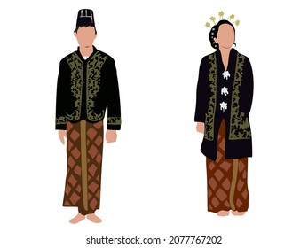  Central Java Indonesia Wedding Couple, cute Indonesian Black Javanese traditional costume vector illustration