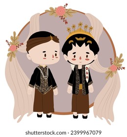 Central Javanese Indonesian traditional wedding attire. Vector cartoon illustration. Wedding vector illustration.