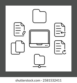 A central laptop icon surrounded by various document and folder icons