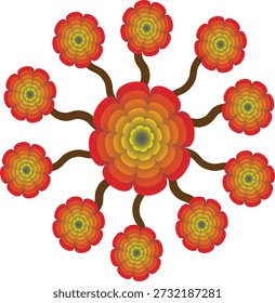 A central large stylized flower surrounded by ten smaller stylized flowers in a radial pattern on a white background