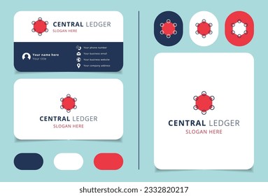 Diseño del logotipo del libro mayor central con lema editable. Libro de promoción de marca y plantilla de tarjeta de visita.