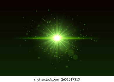 Explosión de luz central con partículas y destellos brillantes. Intenso destello de estrella crea efecto de energía en el fondo de gradiente oscuro.