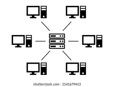 Central main server global online linked network system computer icon design vector template. Blockchain crypto currency smart contract protocol contain cryptography hash, transaction data document.