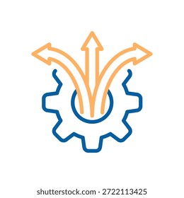 Centro de gestión central que dirige múltiples opciones de flujo de trabajo y rutas de proceso divergentes, simbolizando la estrategia, la eficiencia y el crecimiento. Icono de línea delgada, trazo editable