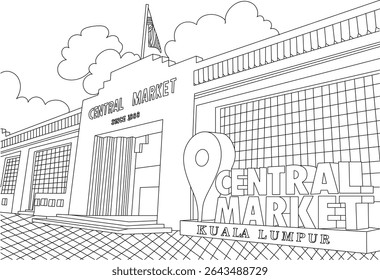 Mercado Central Ilustração do Contorno de Kuala Lumpur, Ilustração do Contorno do icônico Mercado Central (Pasar Seni) edifício em Kuala Lumpur, Malásia. Criado em 1888, este marco histórico é um