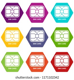 Central microchip icons 9 set coloful isolated on white for web