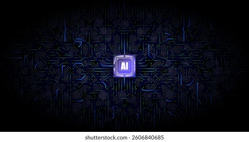 The central microchip with the inscription is surrounded by glowing conductors, creating a cyber-tech style. The dark background and neon lighting emphasize the effect of the motherboard of the future