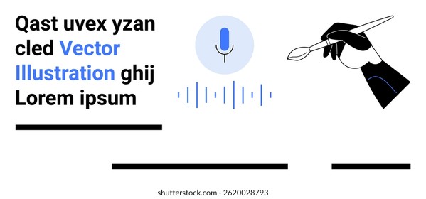 Central microphone with sound waves, hand holding brush, Latin text. Ideal for podcast branding, art tutorials, tech blogs, graphic design, educational platforms, creative portfolios, marketing