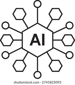 Central network node containing AI text representing core artificial intelligence systems and interconnected deep machine learning frameworks