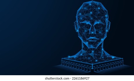 Procesador neural central con inteligencia artificial. Diseño poligonal de líneas y puntos interconectados. Fondo azul.