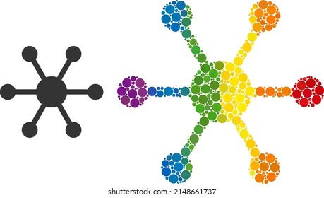Central node composition icon of round dots in various sizes and rainbow color hues. A dotted LGBT-colored central node for lesbians, gays, bisexuals, and transgenders.