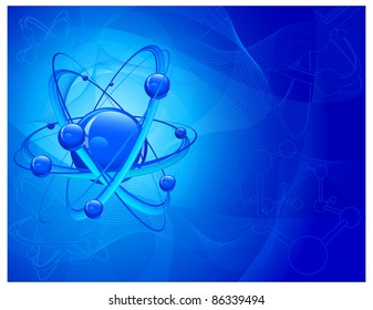 Central nucleus surrounded by electrons on molecular background in blue, vector illustration