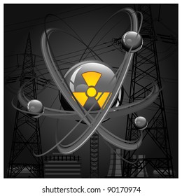 Central nucleus surrounded by electrons on construction background in black, vector illustration