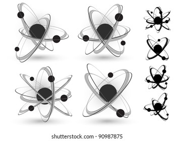 Central nucleus surrounded by electrons, different atom variation in black, vector illustration