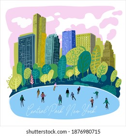 Central Park, New York. Residents and tourists go ice skating. Greeting card. Vector illustration. svg