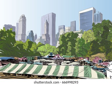 Central Park. New York. USA. Hand Drawn City Sketch. Vector Illustration.