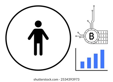 Icono de persona central dentro de un círculo con un símbolo de Bitcoin conectado por líneas de circuito y un gráfico de barras que muestra el crecimiento. Ideal para criptomonedas, tecnología, crecimiento financiero, análisis de datos, digital