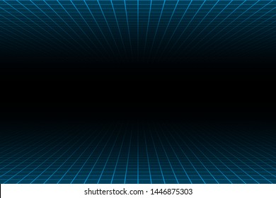 Central perspective over and under blue light grid on dark background, futuristic retro style.