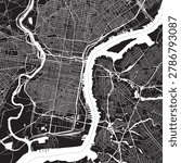 Central Philadelphia Pennsylvania Vector Map, Detailed Center City Street Map Black and White Minimalist Line Art