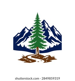Central pine tree with mountains and trail.