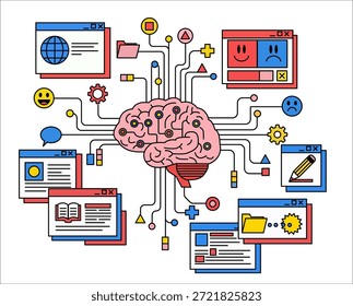 Cerebro rosa central conectado por líneas de puntos a varios iconos digitales coloridos como ventanas del navegador, engranajes, carpetas y lápices sobre un fondo blanco. Ilustración vectorial conceptual para temas de inteligencia artificial, aprendizaje automático, redes neuronales, conectividad digital y tecnología moderna en un estilo de icono plano limpio.