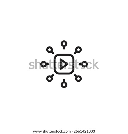 A central play button inside a rounded square, surrounded by eight smaller circles, suggesting video distribution, streaming, or a multimedia network.