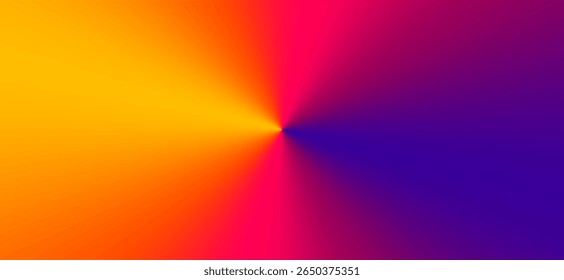 Um ponto central, fazendo uma transição suave de um amarelo e laranja quentes e brilhantes à esquerda, através de um rosa e magenta vívidos no meio, para um roxo e índigo frescos e profundos à direita.
