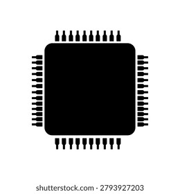 Central processing unit microprocessor chip icon. Black microchip silhouette with visible pin connectors on all sides in a stencil format. High contrast graphic. Ideal for tech blog icons or hardware component diagrams.