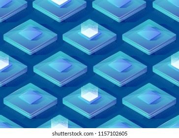 Central processing units. Isometric seamless pattern. Computer parts and devices. Vector illustration.