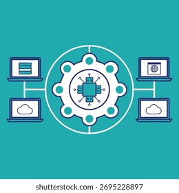 Processador central conectado a notebooks e armazenamento em nuvem