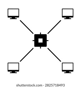 Central processor node connected to four desktop monitors illustrating distributed network system.