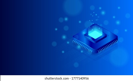 Central processor unit isometric illustration. Vector CPU chip. Microprocessor with lights on the blue background. Big data processing and machine learning concept. Future technology.