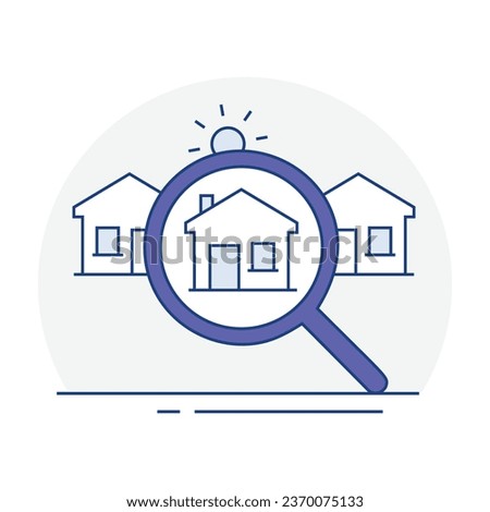 Central Property Focus, Home Exploration. The three houses with a magnifying glass on the central one represent a focused approach to exploring and discovering the right home.