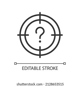 Central question linear icon. Main problem solution searching. Focus on necessary target. Thin line illustration. Contour symbol. Vector outline drawing. Editable stroke. Arial font used